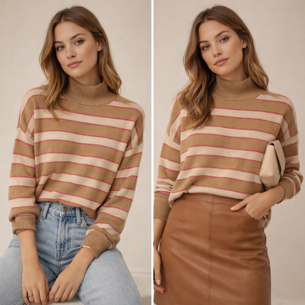 Tan and Pink Cowl Neck Striped Sweater